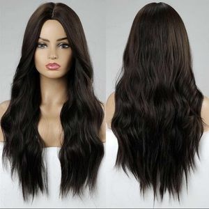 NEW Womens Wavy Natural Wig Synthetic Chestnut Brown 24” Long Side Split